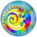 Stained glass illustration with abstract rainbow lizard and a sun on blue background, round image