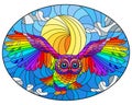 Stained glass illustration with  abstract rainbow owl flying on sky background with sun and clouds , oval image Royalty Free Stock Photo