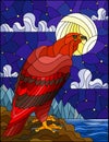 Stained Glass Illustration With Abstract Red Eagle On Landscape Background With Mountains, Sea And Starry Sky With Moon