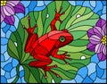 Stained glass illustration with abstract red frog on Lotus leaf on water and flowers