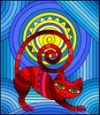 Stained glass illustration with  abstract red  geometric cat on a blue  background with sun Royalty Free Stock Photo