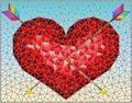 Stained glass illustration with an abstract red heart pierced by arrows on a blue background, rectangular image Royalty Free Stock Photo