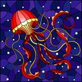 Stained glass illustration with abstract red  jellyfish against a blue sea and bubbles, square image Royalty Free Stock Photo