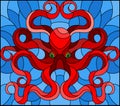 Stained glass illustration with abstract red octopus against a blue sea
