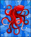 Stained glass illustration with abstract red octopus against a blue sea and bubbles