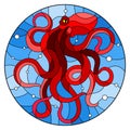 Stained glass illustration with abstract red octopus against a blue sea and bubbles,round picture