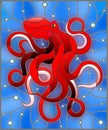 Stained glass illustration with abstract red octopus against a blue sea and bubbles