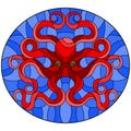 Stained glass illustration with abstract red octopus against a blue sea ,round picture