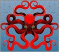 Stained glass illustration with abstract red octopus against a blue sea