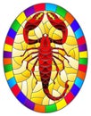 Stained glass illustration with abstract red Scorpion on yellow background,oval picture in a bright frame