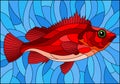 Stained glass illustration with abstract red sea bass on blue background