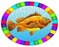 Stained glass illustration with abstract red sea bass on blue background, oval image in bright frame