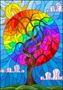 Stained glass illustration with an abstract round rainbow tree on a background of cloudy sky and sun Royalty Free Stock Photo