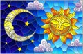 Stained glass illustration with abstract sun and moon in the sky