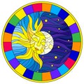 Stained glass illustration , abstract sun and moon in the sky,round image in bright frame Royalty Free Stock Photo