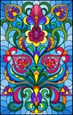 Stained glass illustration with abstract swirls,flowers and leaves on a blue background