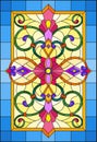 Stained glass illustration with abstract swirls, flowers and leaves on a yellow background in blue frame