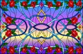 Stained glass illustration with abstract swirls,flowers of roses and leaves on a sky background,horizontal orientation