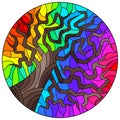 Stained glass illustration with  an abstract  tree on a rainbow background, round image Royalty Free Stock Photo