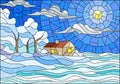 Stained glass illustration with abstract winter landscape,a lonely house amid fields, frozen lake , sky and falling snow Royalty Free Stock Photo