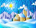 An illustration in stained glass style with abstract winter landscape,a lonely house amid fields, mountains , sky and falling snow Royalty Free Stock Photo