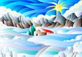 An illustration in stained glass style with abstract winter landscape,a lonely house amid fields, mountains , sky and falling snow Royalty Free Stock Photo