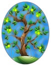 Stained glass illustration with an apple tree standing alone on a hill against the sky, oval image