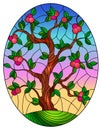 Stained glass illustration with an apple tree standing alone on a hill against the sky, oval image Royalty Free Stock Photo