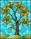 Stained glass illustration with an apple tree standing alone on a hill against the sky Royalty Free Stock Photo