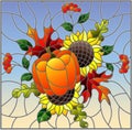 Stained glass illustration with autumn composition, bright leaves,flowers and pumpkin on sky background, rectangular image Royalty Free Stock Photo