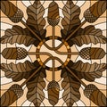 Stained glass illustration with autumn composition of oak leaves and acorns, square image, tone brown,Sepia Royalty Free Stock Photo