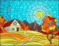 Stained glass illustration with autumn landscape with a lonely house amid field,sun and sky