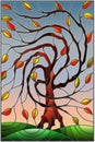 Stained glass illustration with autumn willow tree on sky background Royalty Free Stock Photo