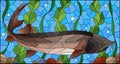 Stained glass illustration with beluga fish on the background of algae, air bubbles and water