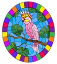 Stained glass illustration with  bird pink cockatoo parakeet on branch tropical tree against the sky,oval image in bright frame Royalty Free Stock Photo