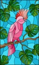 Stained glass illustration bird pink cockatoo parakeet on branch tropical tree against the sky