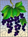 Stained glass illustration with black currants, clusters of ripe berries and leaves on a blue background