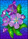 Stained glass illustration with a blossom branch , purple flowers, buds and leaves on a sky background Royalty Free Stock Photo