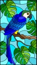 Stained glass illustration blue bird parakeet on branch tropical tree against the sky