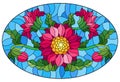 Stained glass illustration with a bouquet of asters, flowers,buds and leaves of the flower on blue background, oval image