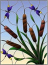 Stained glass illustration with bouquet of bulrush and dragonflies on a sky background