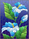 Stained glass illustration with a bouquet of Calla flowers on a blue background, rectangular image