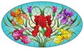 Stained glass illustration with  bouquet of irises, flowers, buds and leaves on blue background, oval image Royalty Free Stock Photo