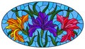 Stained glass illustration with bouquet of irises, flowers, buds and leaves on blue background, oval image Royalty Free Stock Photo