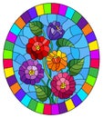 Stained glass illustration with a bouquet of multicolored tsiniya flowers, oval image in a bright frame