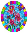 Stained glass illustration with a bouquet of pink irises and a purple butterflies on a blue background