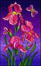 Stained glass illustration with a bouquet of pink irises and purple butterflies on a sky background