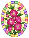 Stained glass illustration with a bouquet of pink peonies on a yellow background in a bright frame, oval image Royalty Free Stock Photo