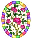 Stained glass illustration with  a bouquet of pink  roses on a yellow  background in a bright frame,oval  image Royalty Free Stock Photo