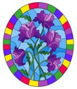 Stained glass illustration with a bouquet of a plant with purple flowers on a blue background in a bright frame, oval image Royalty Free Stock Photo